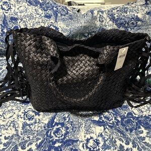 Anthropologie leather black fringe bag